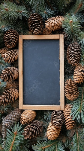 Wooden frame surrounded by pinecones and autumn leaves on a dark background