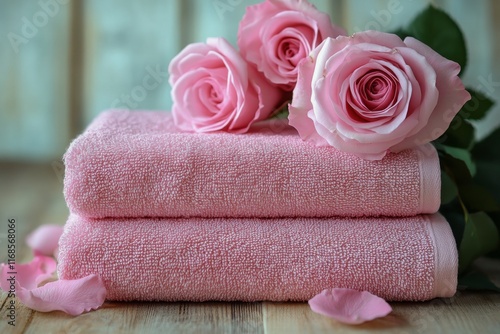 Soft pink towels and fresh roses create a serene spa-like atmosphere for rela...