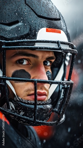 Intense focus of a football player during a rainy game in a stadium