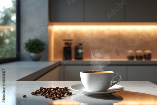 Coffee cup with steam on table alongside roasted beans in modern kitchen setting