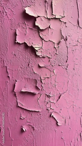 Peeling pink paint revealing texture on a wall in an urban setting