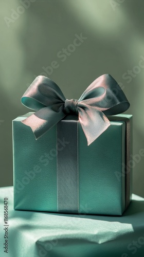 Gift box wrapped in teal paper with a satin bow on a solid background