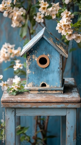 Wooden birdhouse with rustic blue finish placed on a table near greenery