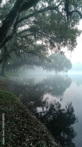Misty morning by the river with reflections and soft clouds over the water
