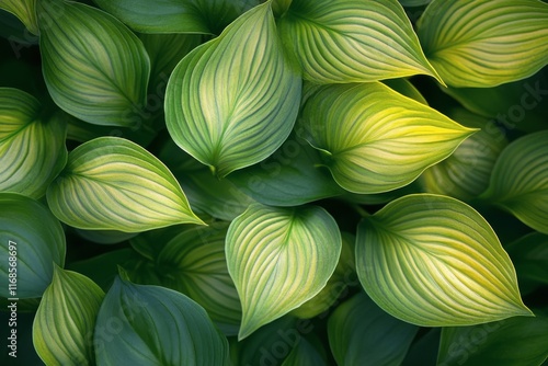 Bright green leaves illuminated by sunlight in a tranquil nature setting