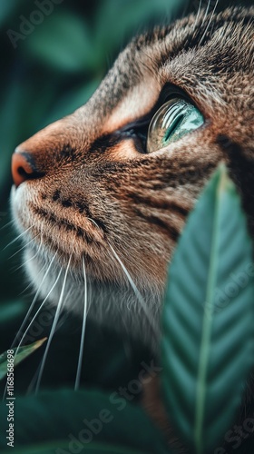 Majestic ginger cat exploring lush green foliage in a serene setting
