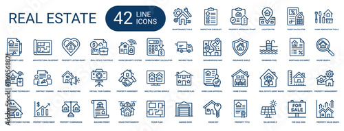 real estate property management line icons, inspection appraisal checklist location