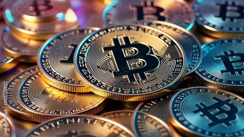 Close-up of Stack of Bitcoin Cryptocurrencies in Golden Light