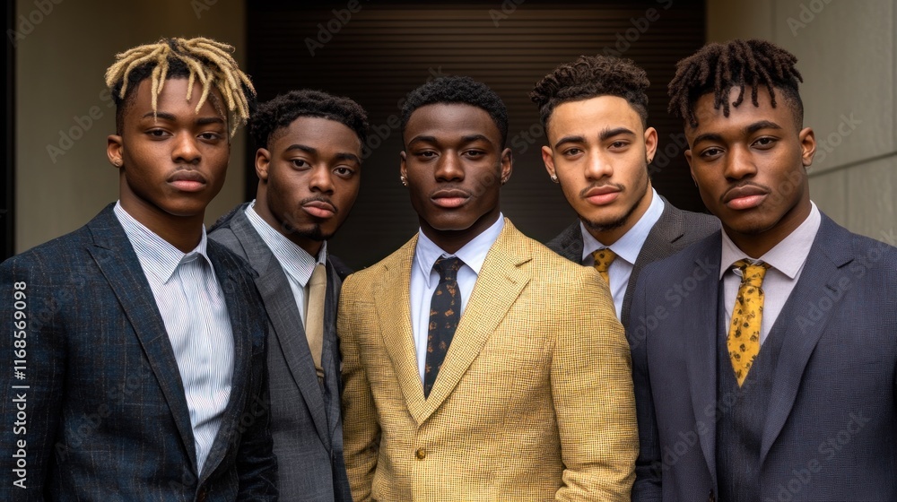 Five young men in suits posing for a portrait. Five young men in suits posing for a portrait.