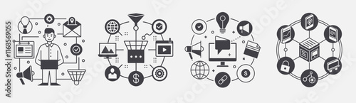 set omnichannel marketing template design man standing center marketing channels around, event marketing mail influencer affiliate direct