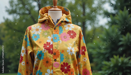 Colorful floral raincoat on mannequin in rainy outdoor setting, spring style photo