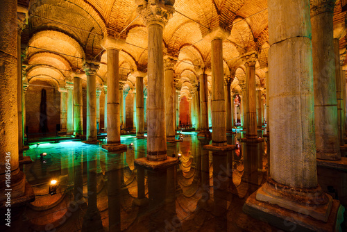 Turkiye. Istanbul. Sultanhamet district. Row of columns of the Basilica Cistern
