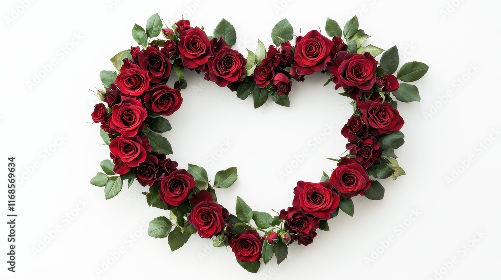 A heart-shaped arrangement of vibrant red roses surrounded by lush green leaves against a neutral background. A heart-shaped arrangement of vibrant red roses surrounded by lush green leaves against a neutral background.