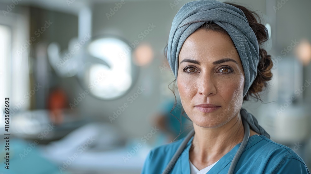 Fototapeta premium A middle-aged female nurse, wearing scrubs and a headscarf, Middle Eastern.
