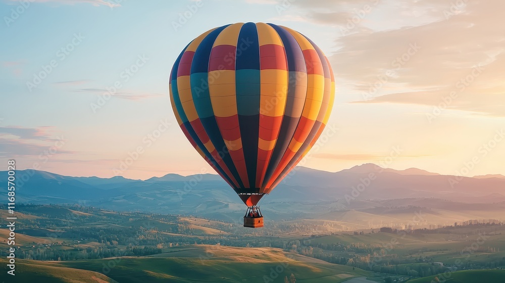 Fototapeta premium A vibrant hot air balloon soars over picturesque hills during a serene sunset, showcasing colorful patterns against a tranquil sky.