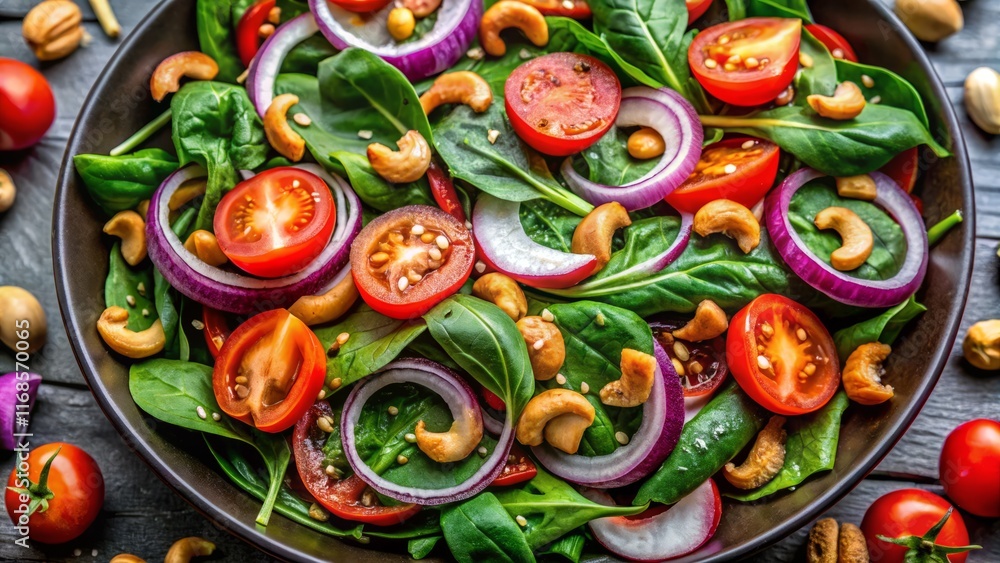 Healthy Spinach Salad with Tomatoes, Onions, Cashews & Sesame Seeds - Top View Healthy Spinach Salad with Tomatoes, Onions, Cashews & Sesame Seeds - Top View