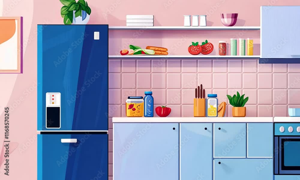 Bright and Stylish Modern Kitchen Interior with Refrigerator, Stove, Shelves, and Colorful Decor in a Cozy Home Setting Bright and Stylish Modern Kitchen Interior with Refrigerator, Stove, Shelves, and Colorful Decor in a Cozy Home Setting