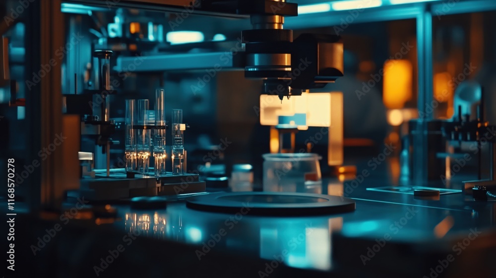 Modern Lab Equipment in a Stylish Research Laboratory with Blue Lighting Modern Lab Equipment in a Stylish Research Laboratory with Blue Lighting