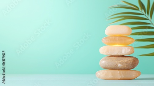 A serene arrangement of stacked stones against a soft turquoise background, accented by a green palm leaf, conveying tranquility and balance. photo