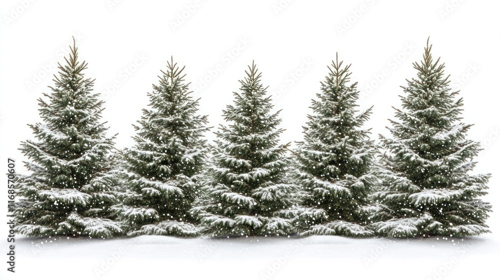 Fototapeta premium Five snow-covered evergreen trees on a white background. (1)