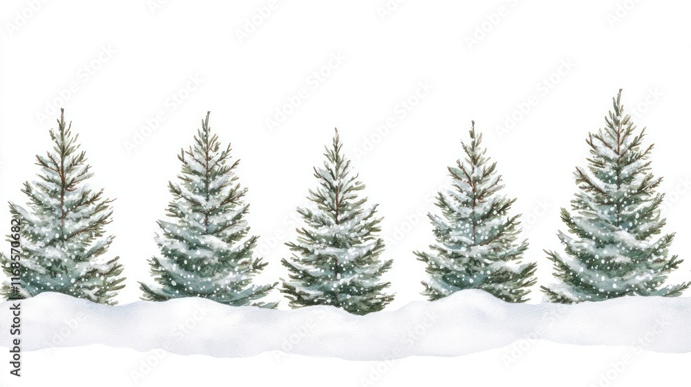 Five snow-covered fir trees in a row. Five snow-covered fir trees in a row.