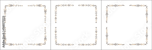 Frame set. Three brown frames with elegant black and white ornamental frame with Viking runes, decorative border, corners. Isolated vector illustration.	
