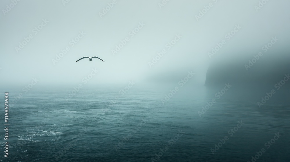 Obraz premium A solitary bird glides over a tranquil, fog-covered sea, evoking a sense of calm and solitude.