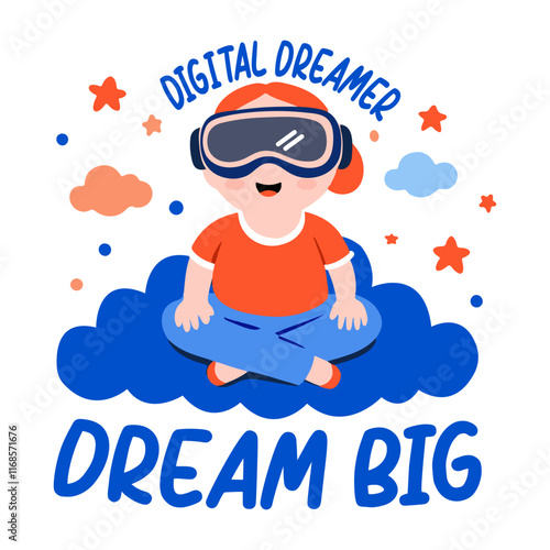 A flat sticker of a character wearing vr glasses with dream big typography

