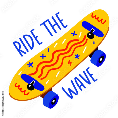 A flat sticker of a skateboard with ride the wave typography

