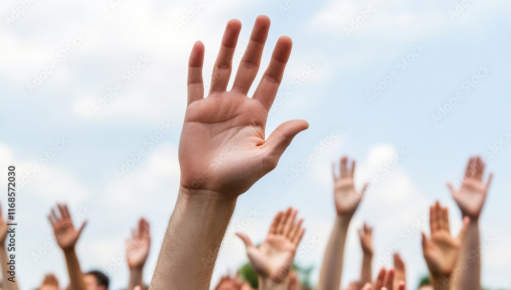 Open hand reaching out with others raising hands in the background Open hand reaching out with others raising hands in the background