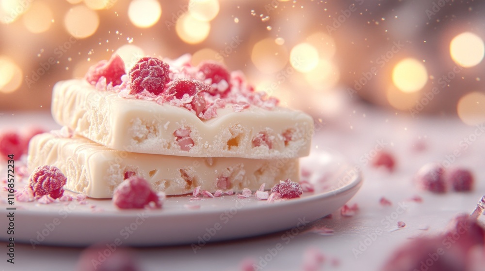 Two pieces of white chocolate with raspberries and candy. Two pieces of white chocolate with raspberries and candy.