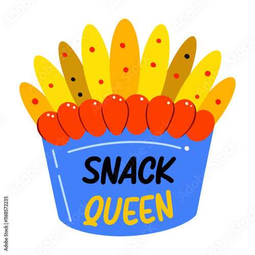 A flat sticker of fries pack with snack queen typography 

