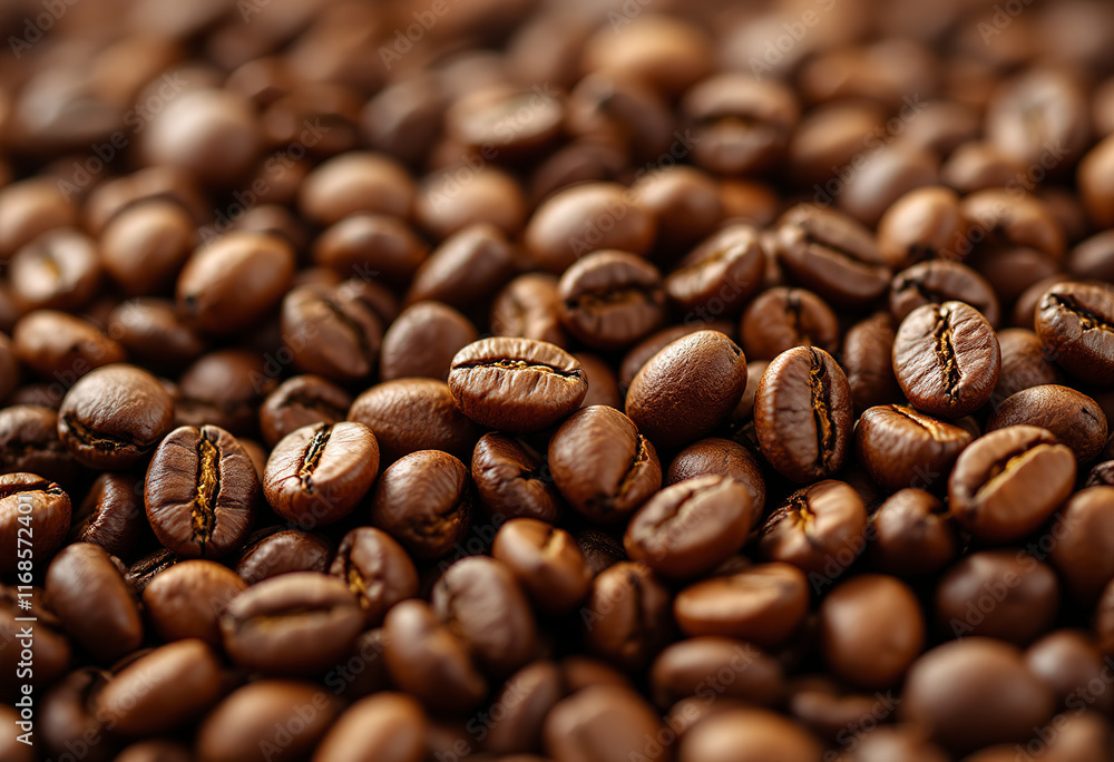 Roasted coffee beans, close-up view showing the rich brown color and textured surface of the beans Roasted coffee beans, close-up view showing the rich brown color and textured surface of the beans