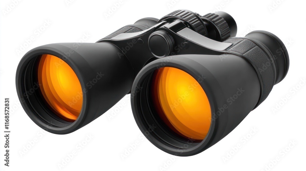 Black binoculars with orange lenses isolated on white background. Black binoculars with orange lenses isolated on white background.