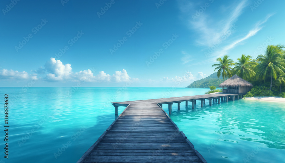 Fototapeta premium a tropical beach on a small island, a wooden path leads to a house and palm trees, a beautiful ocean and bright sunlight, yellow sand and blue waves, beautiful nature for relaxation