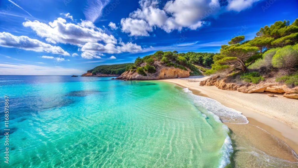 Fototapeta premium Idyllic Aigues Blanques Beach, Ibiza: Sun-Kissed Sand and Azure Waters