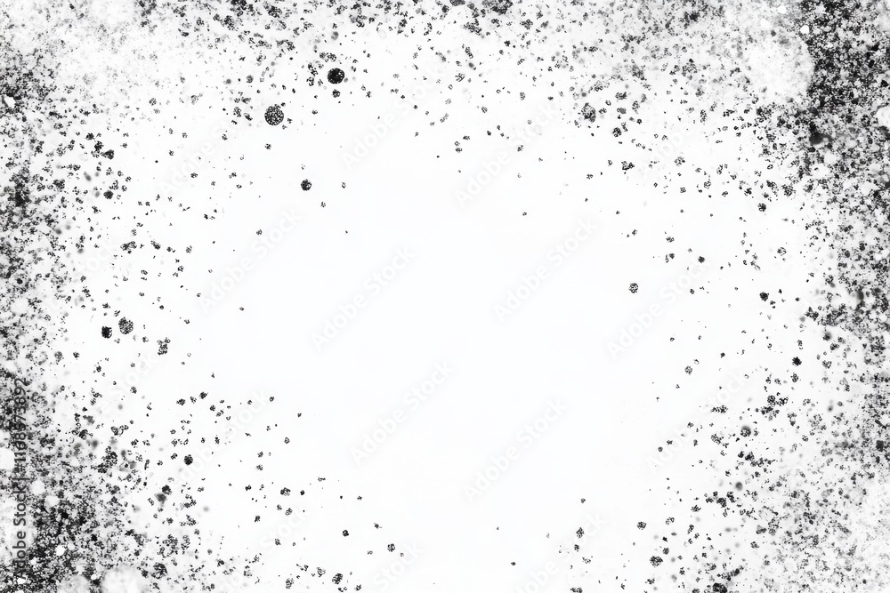 Fototapeta premium White background with scattered black dust and particles forming a frame.