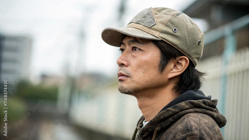 Focused Japanese Hunter with Classic Style Hunting Cap Focused Japanese Hunter with Classic Style Hunting Cap