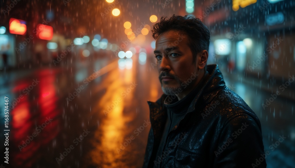 portrait of a man on the street of a night city, it's raining, street lights are reflected, raindrops, gloomy surroundings at dusk portrait of a man on the street of a night city, it's raining, street lights are reflected, raindrops, gloomy surroundings at dusk
