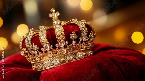 Regal gold crown placed on a red velvet cushion, symbolizing royalty, elegance, and prestige, with a soft bokeh background for a majestic ambiance photo