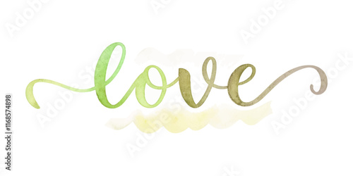 Watercolor love design, soft green tones, artistic lettering, romantic theme, decorative wall art.