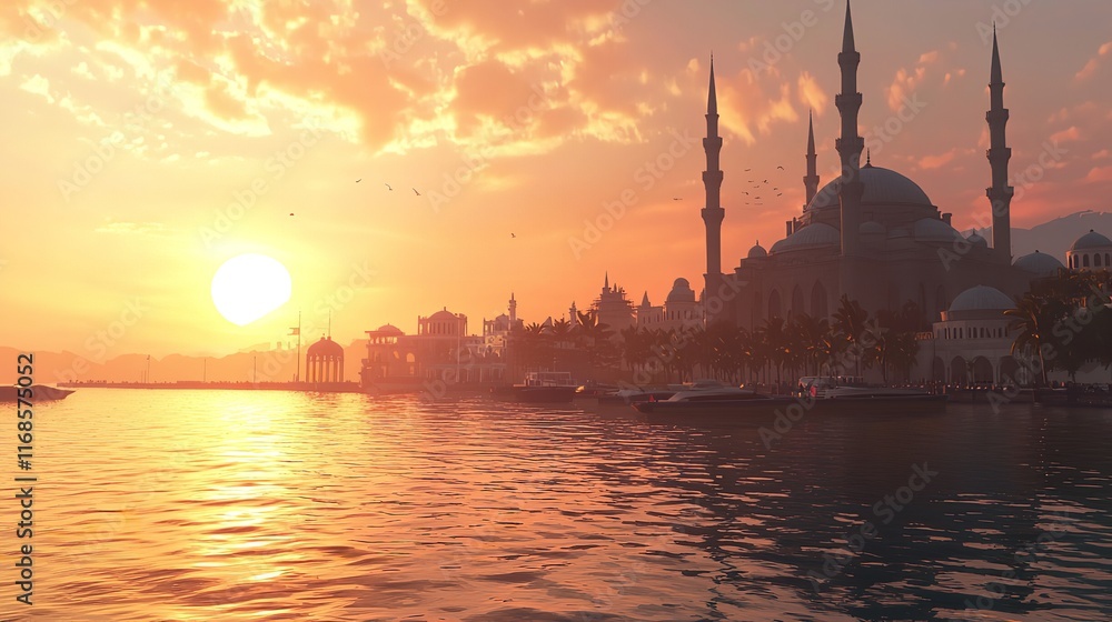 Fototapeta premium Mosque at sunrise.AI generated