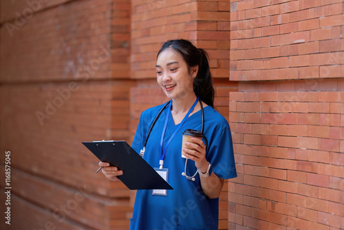 Doctor and nurse in blue scrubs hospital setting smiling healthcare professional indoor environment positive atmosphere photo