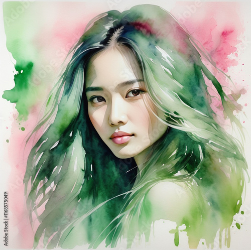 watercolor portrait of a Japanese woman