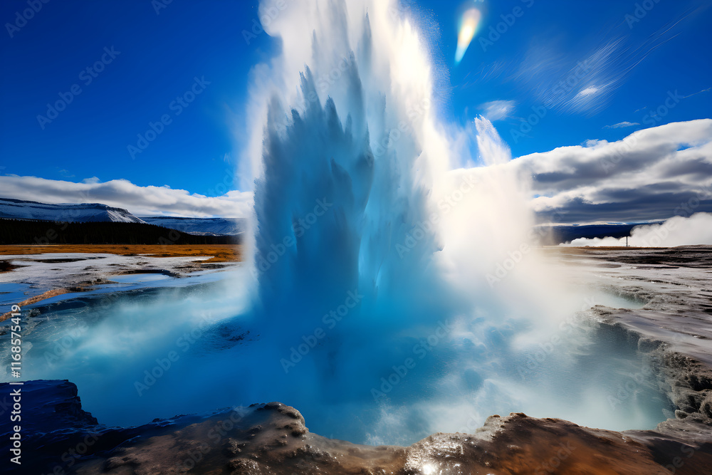 The Majestic Show of Power and Beauty: A Lone Geyser Erupting into the Clear Blue Sky The Majestic Show of Power and Beauty: A Lone Geyser Erupting into the Clear Blue Sky