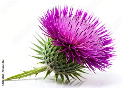 Isolated Purple Milk Thistle Flower on White Background, Copy Space Right
