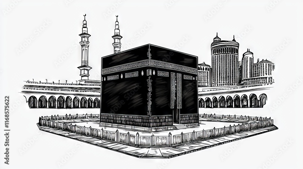 Fototapeta premium Simple Black and White Drawing of Kaaba in Mecca, Minimalistic Ink Sketch