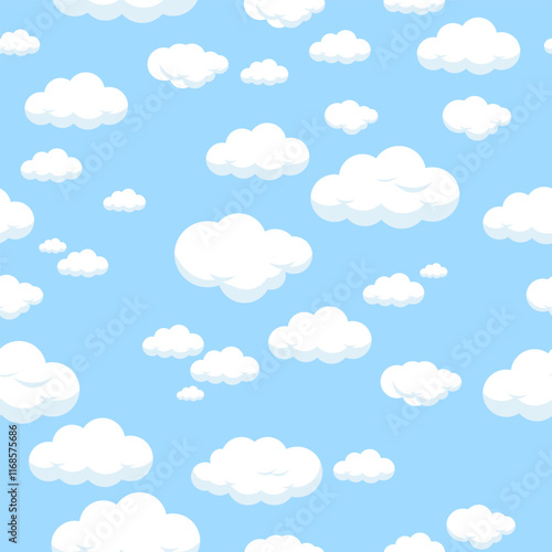 Seamless pattern with pretty cute fluffy clouds in the sky. Beautiful day background with happy white clouds fly in the blue sky. Vector illustration