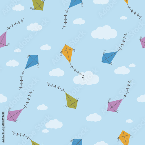 Seamless pattern with pretty cute colorful kites and clouds in the sky. Background with happy kites of various colors fly in the blue sky. Vector illustration