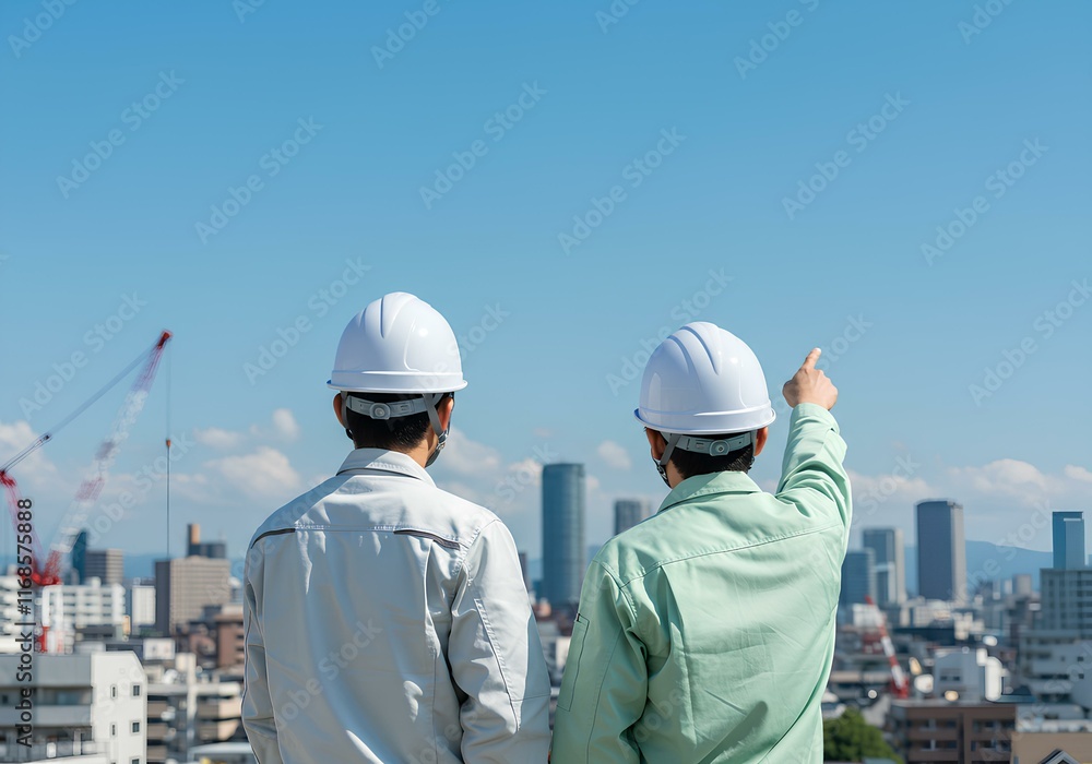 都市開発 - 建築 - 現場を確認する男性 - 図面 - 青空